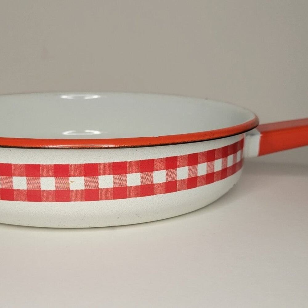 Vintage Red & white Checkered Enamelware Metal Skillet - Picture 4 of 12